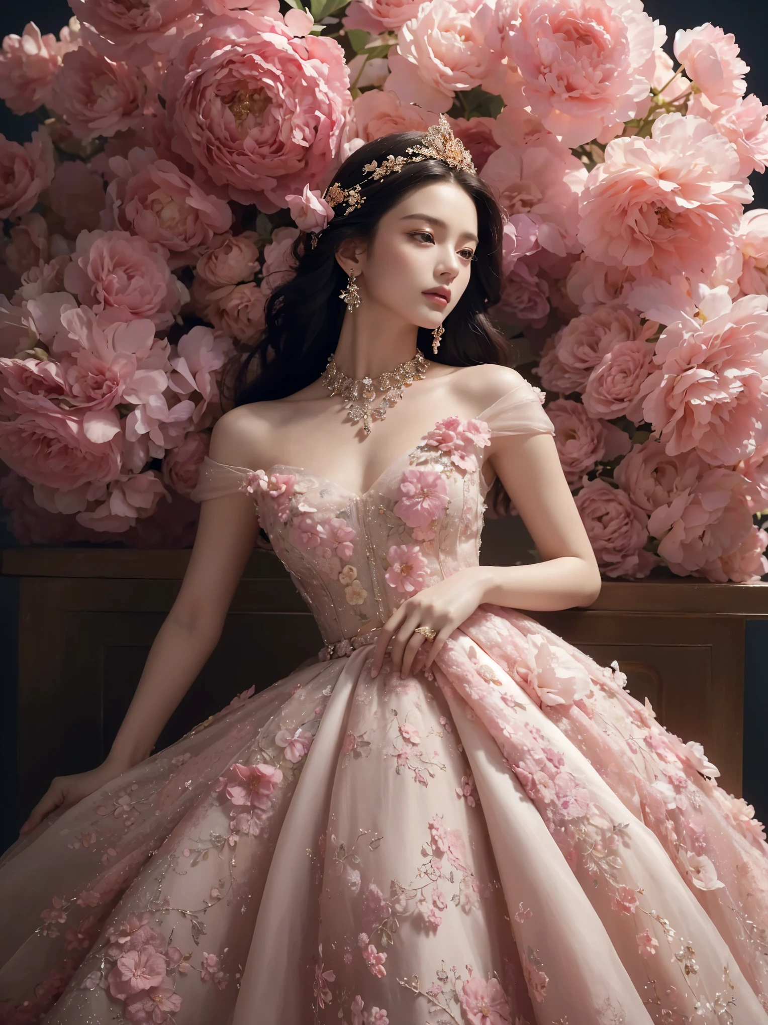 (best quality,8K,high resolution,masterpiece:1.2),very detailed,(realistic,realistic,realistic:1.37),portrait,creative style work,historical,classic,elaborate,various colors,very detailed,soft lighting,Luxurious environment,detailed gown,vibrant flowers,detailed jewelry,heavenly atmosphere,elegant pose,Graceful curves,Gold Body Ratio,flowing hair,Breathtaking fabric patterns, pink,coloring,Delicate floral decoration,A dazzling array of crystal accessories,Mysterious and dreamy atmosphere,Impeccable attention to detail. dior dress, Official artwork