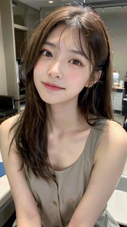 nurse、Symmetrical eyes:1.3、Long Brown Wavy Hair