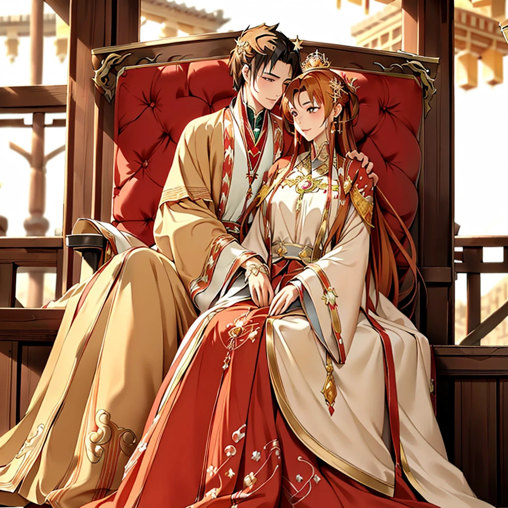 ((highest quality)), ((masterpiece)), (detailed), Perfect Face、Yuuki Asuna、Brown Hair、Hanfu、Gorgeous embroidery、cuddling with a man、((A man and a woman sit side by side on a large, luxurious throne in a palace))、Gorgeous Phoenix Crown、The woman is wearing a gorgeous court costume.、Woman has a happy face、Gorgeous hair ornament、Earrings、necklace、Bracelet、Luxury accessories、The woman is the empress、The man is the prince、Man hugs woman