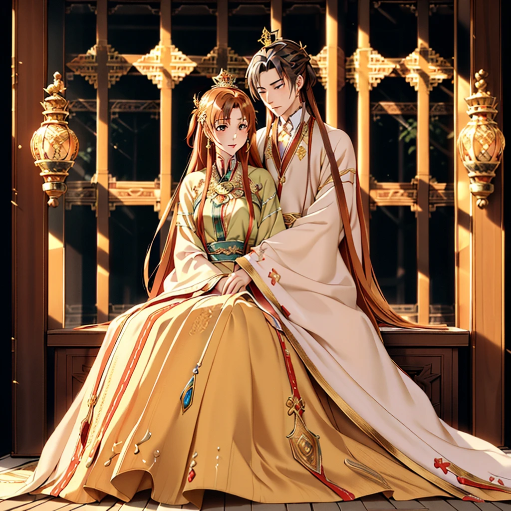 ((highest quality)), ((masterpiece)), (detailed), Perfect Face、Yuuki Asuna、Brown Hair、Hanfu、Gorgeous embroidery、cuddling with a man、((A man and a woman sit side by side on a large, luxurious throne in a palace))、Gorgeous Phoenix Crown、The woman is wearing a gorgeous court costume.、Woman has a happy face、Gorgeous hair ornament、Earrings、necklace、Bracelet、Luxury accessories、The woman is the empress、The man is the prince、Man hugs woman