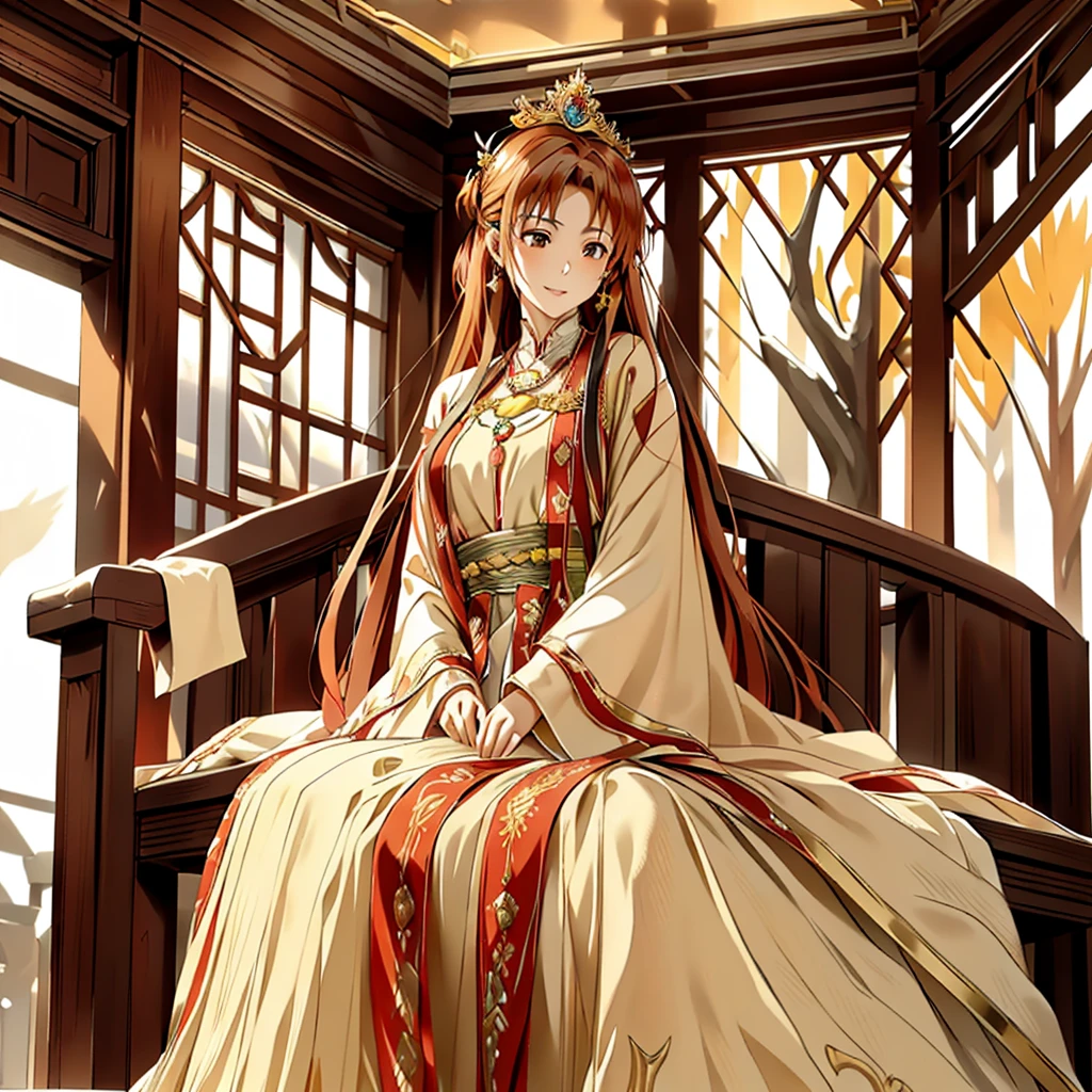 ((highest quality)), ((masterpiece)), (detailed), Perfect Face、Yuuki Asuna、Brown Hair、Hanfu、Gorgeous embroidery、cuddling with a man、((A man and a woman sit side by side on a large, luxurious throne in a palace))、Gorgeous Phoenix Crown、The woman is wearing a gorgeous court costume.、Woman has a happy face、Gorgeous hair ornament、Earrings、necklace、Bracelet、Luxury accessories、The woman is the empress、The man is the prince、Man hugs woman