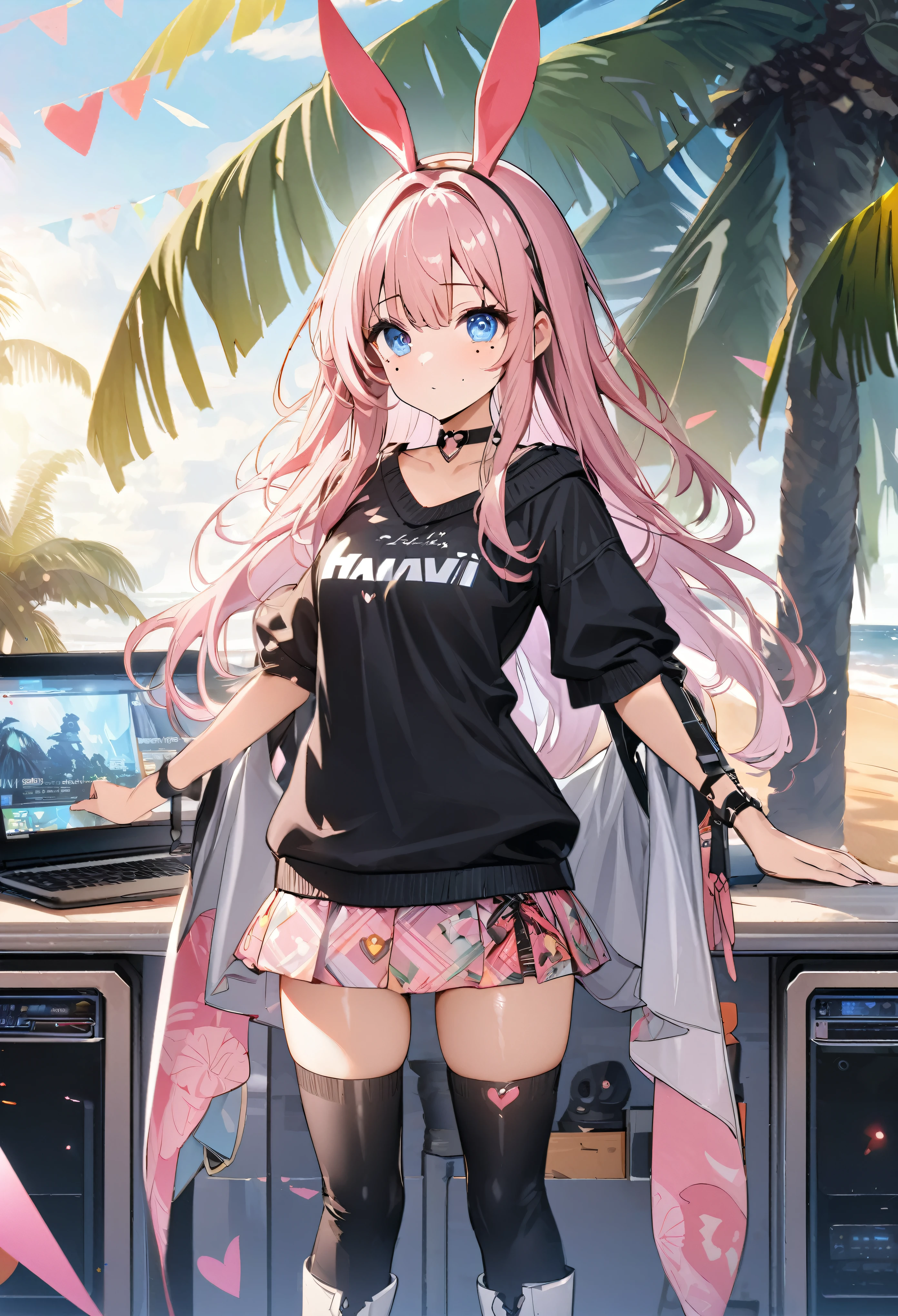 Black jumper with bunny ears、Pink patterned mini skirt、Knee-high boots、Pink long hair girl、Beautiful blue eyes anime girl、Mole under eye、Heart-shaped choker、Seaside、Palm tree、Hawaii、Standing posture、Staring at the audience、Computer Graphics Art、High resolution、highest quality、whole body、8K Character Concept、32k、Pixiv、An illustration、 Super detailed、Super detailedな顔、Megapixels、 Super detailedなHDR、clear、Overdecoration