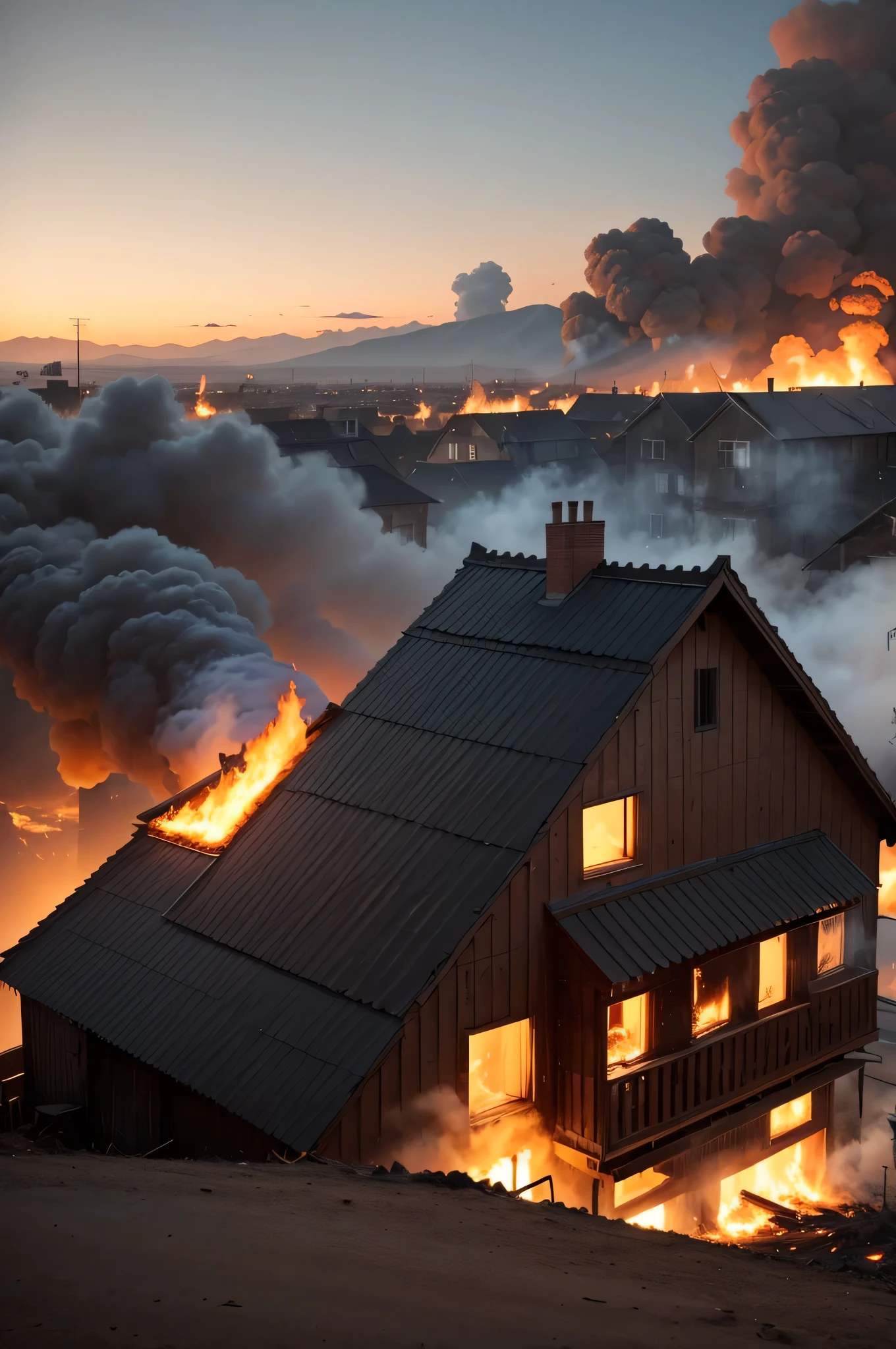 A burning house in the background, stock.