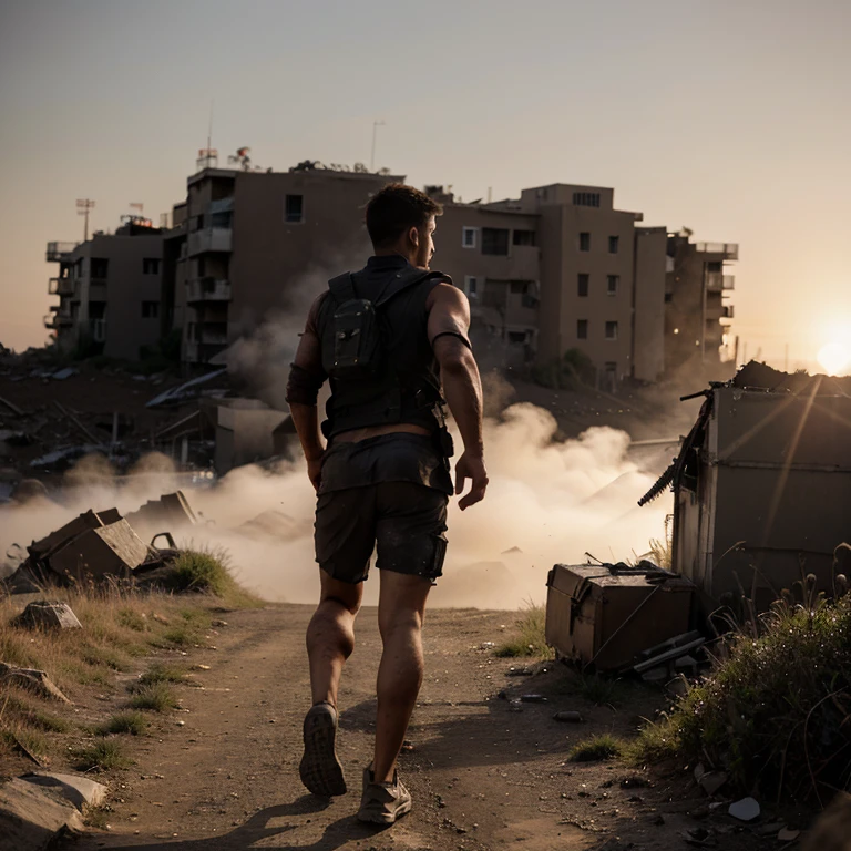 Wounded man running toward sunrise, back view, HD photoshoot, epic scene warzone background