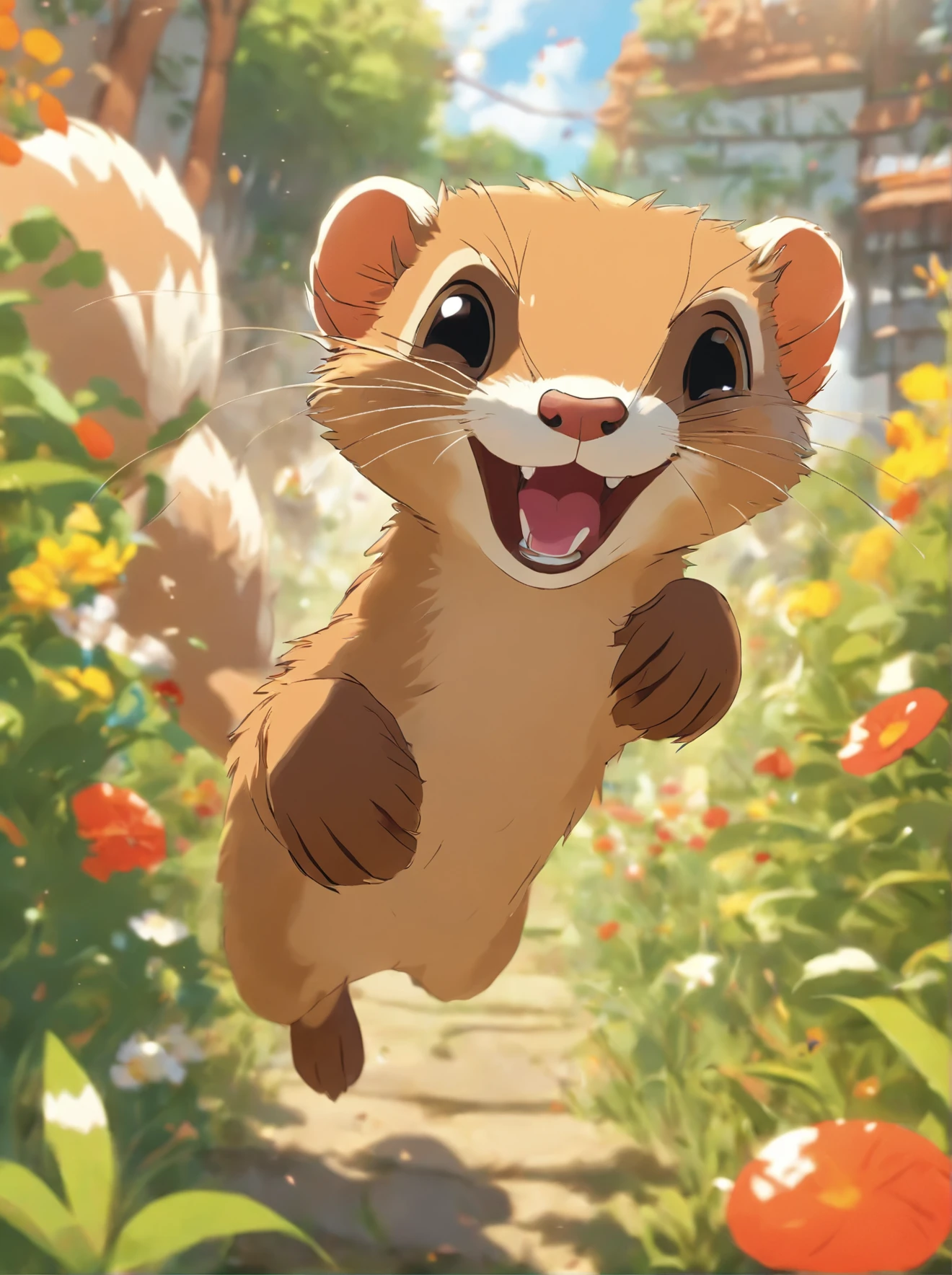 A weasel pouncing in a garden.
