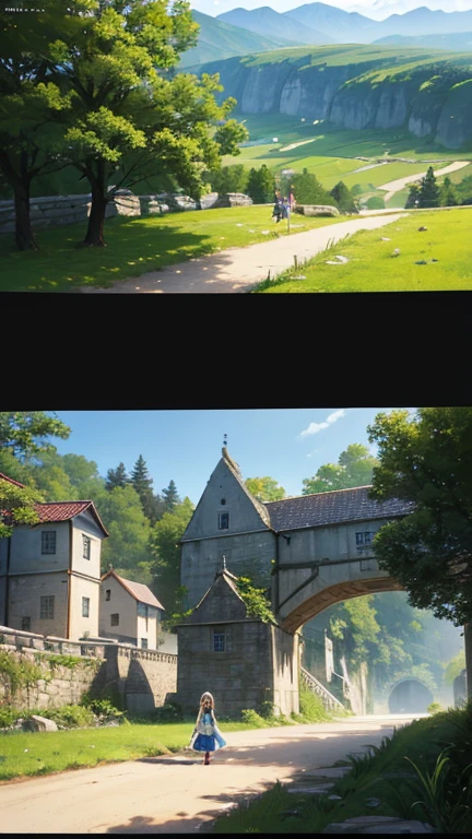 A split-screen image. In the top screen, it portrays a magical world with a fantastical, anime-like image. In the bottom screen, it depicts a girl who lives in the countryside, grounded in reality and unable to use magic, also in an anime style.
