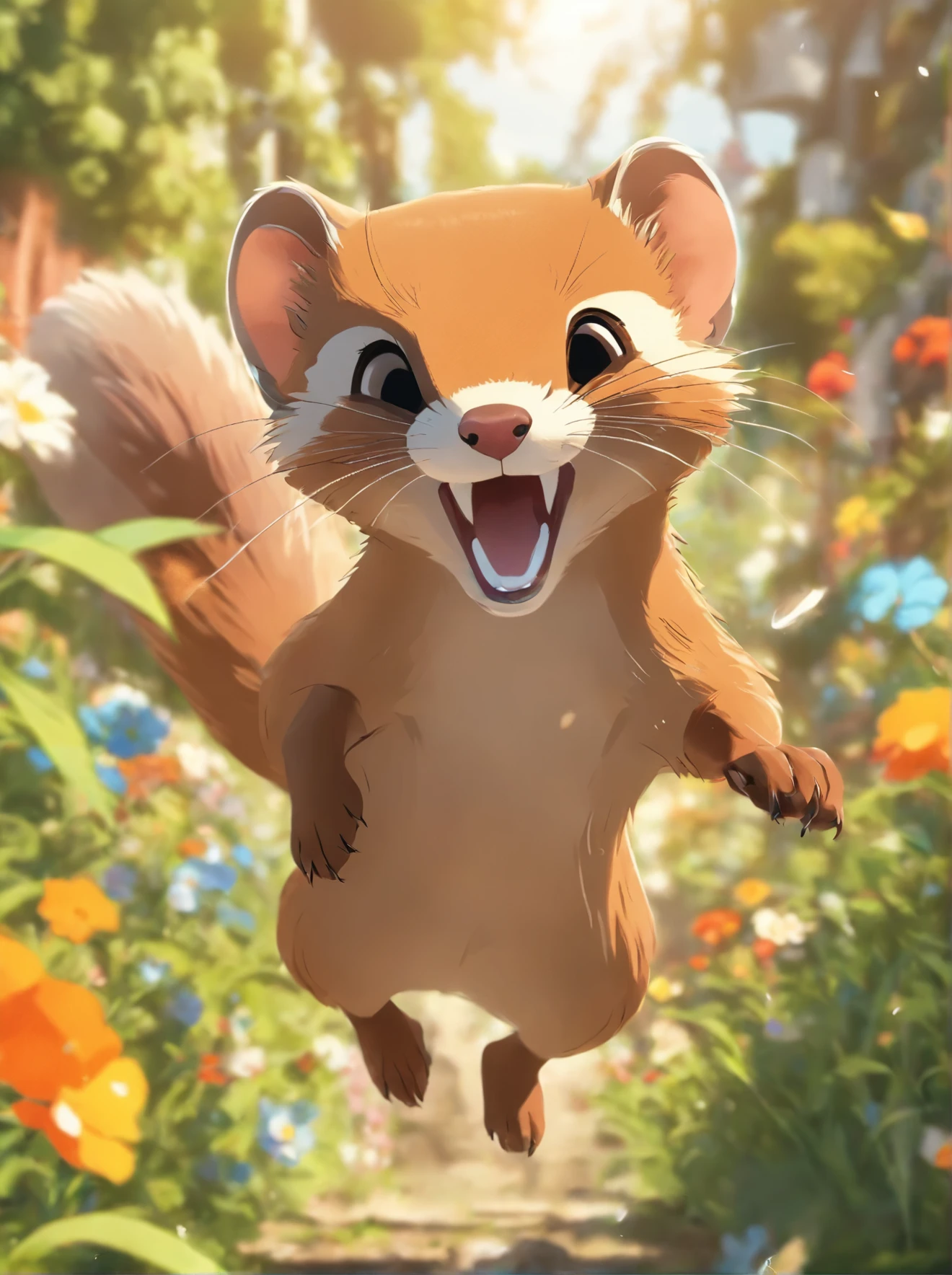 A weasel pouncing in a garden.