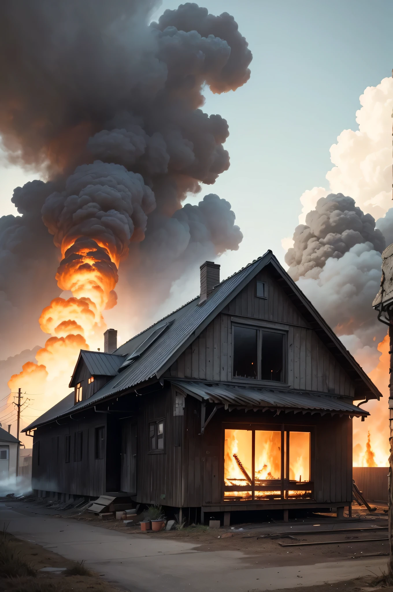A burning house in the background, stock.