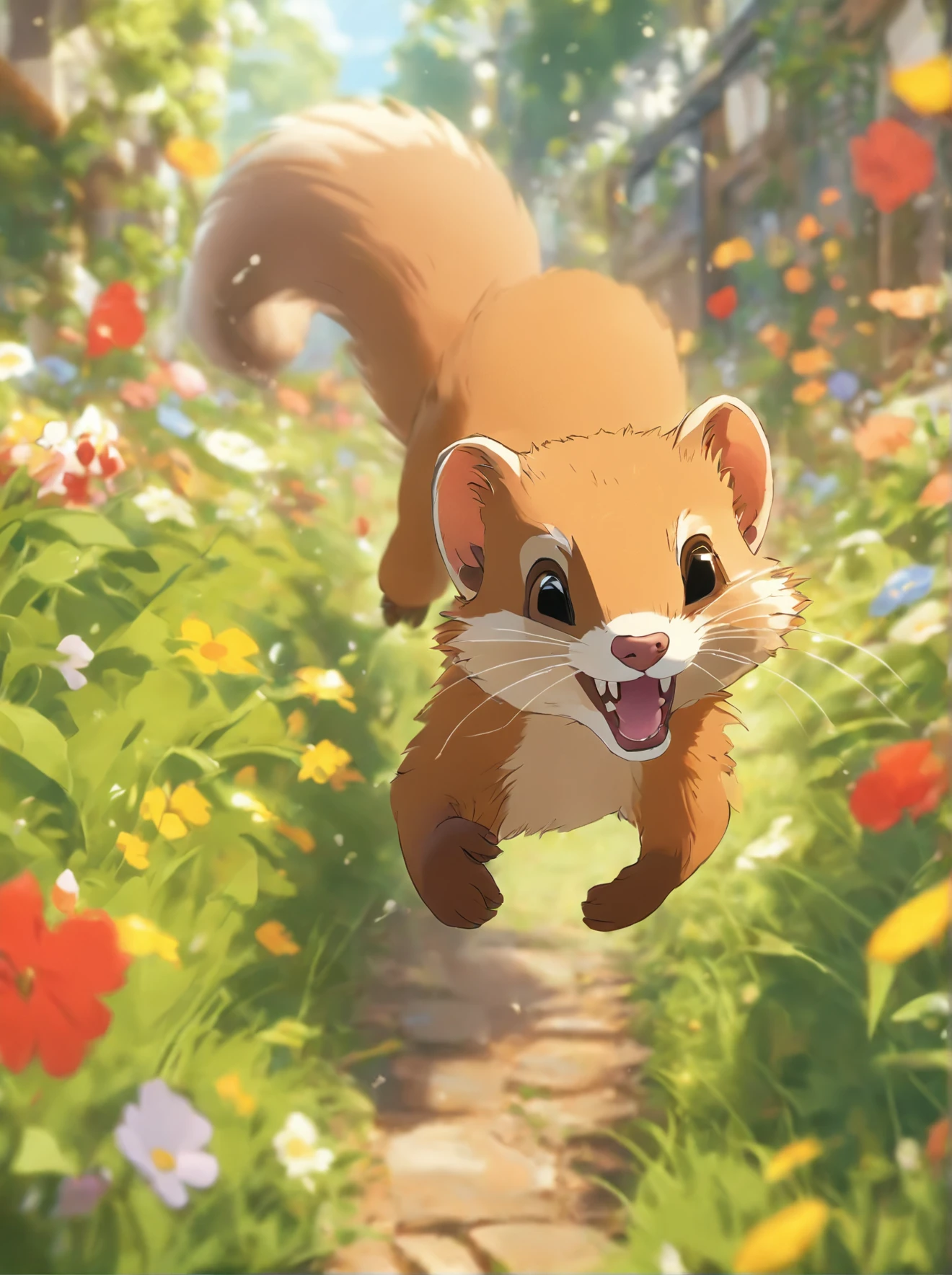 A weasel pouncing in a garden.