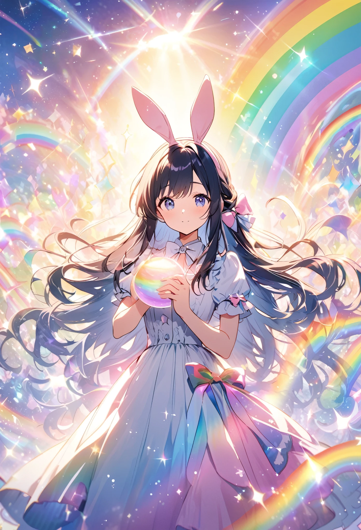 “A character with bunny ears and long hair tied with bows, surrounded by a magical rainbow and sparkles, set against a bright and glowing fantastical backdrop.”