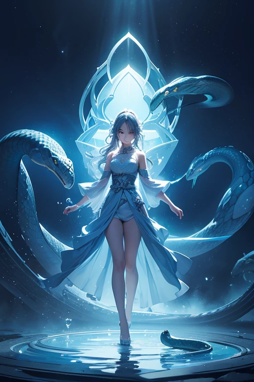 (Obra maestra:1.2), Mejor calidad, (illustration:1.2), (ultra detallado), hiper detalles, (delicado detallado), (detalles intrincados), (cinematic light, Mejor calidad Backlights), Delete line, desde abajo, solista, Cuerpo perfecto, (1 chica), An unforeseen yet elegant figure drawn by a (((serpentine pattern of light))), artfully sketched across the mirror-like surface of a tranquil backyard pool, illuminating the serene scene with an otherworldly glow, optical ilusion, mind trick, liquid, dark transparent Change the color so that they are completely glowing a light blue color , shape and color as each other and also the same art style as each other, best quailty and make it in (4k) resolution) glowing eyes melting part of shadow maze landscape, high detailed, high quality, colored ink art, realistic anime, (constituir), alto contraste, (mejor iluminacion, un extremadamente creado y hermoso), (cinematic light), vistoso,