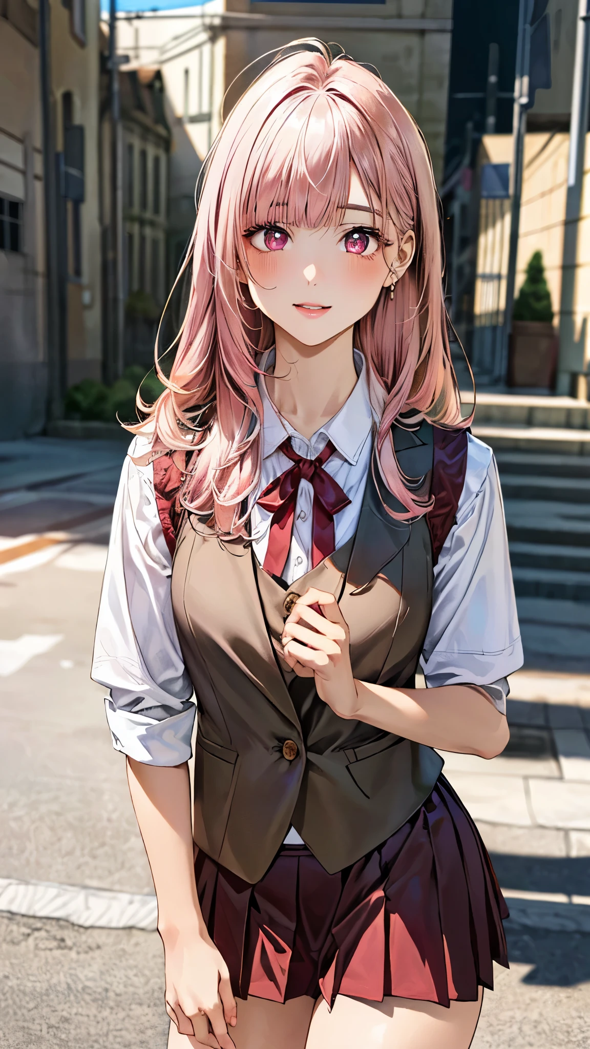 (masterpiece:1.3, top-quality, ultra high res, ultra detailed), (realistic, photorealistic:1.4), beautiful illustration, perfect lighting, natural lighting, colorful, depth of fields, surrealism,
beautiful detailed hair, beautiful detailed face, beautiful detailed eyes, beautiful clavicle, beautiful body, beautiful chest, beautiful thigh, beautiful legs, beautiful fingers, shiny skin, 
looking at viewer, 1 girl, japanese, 18 years old, (perfect ???????, anatomically correct, super detailed skin), cute and symmetrical face, babyface, perfect face, perfect eyes, slender, 
(long hair:1.8, straight hair, pastel pink hair), blunt bangs, maroon eyes, slant eyes, long eye lasher, (medium breasts, seductive thighs), 
((detailed cloth texture, white collared shirt, closed brown suit vest, break,break, dark red pleated mini skirt, dark red neck ribbon)), 
(beautiful scenery), evening, (outside high school), standing, (lovely smile, upper eyes, parted lips),