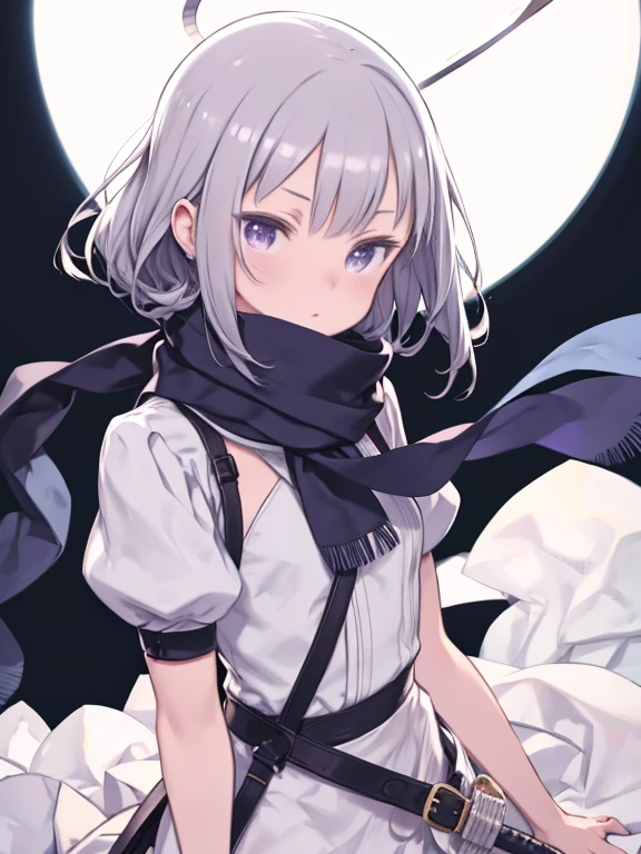 Close-up of a person in a white dress holding a sword、Side Lock、Hair Intake、Gray Hair、Wind Court、skirt、scarf、 Mitt、 Leg belt、 Arm strap、 hairpin、Purple eyes、