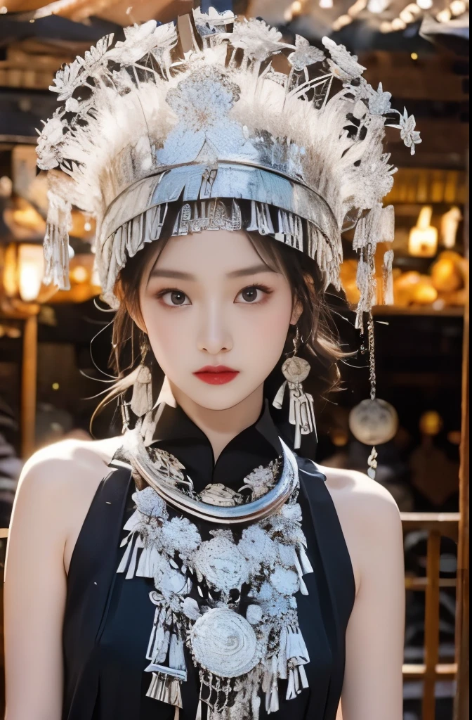 （8k，best quality，masterpiece：1.2），Ultra-high detail，Professional lighting，best quality，Ultra-high resolution，visually stunning，（1 girl：1.1），（Miao costumes and headdresses），Real human skin，（Perfect body 1.9）Super delicate face。