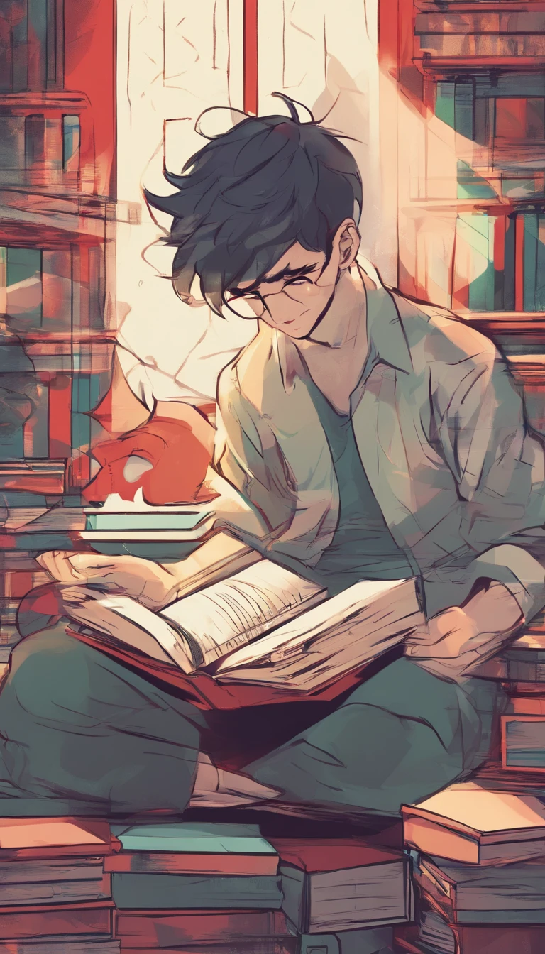 24 years old boy reading book drawing, with red blue green combination background