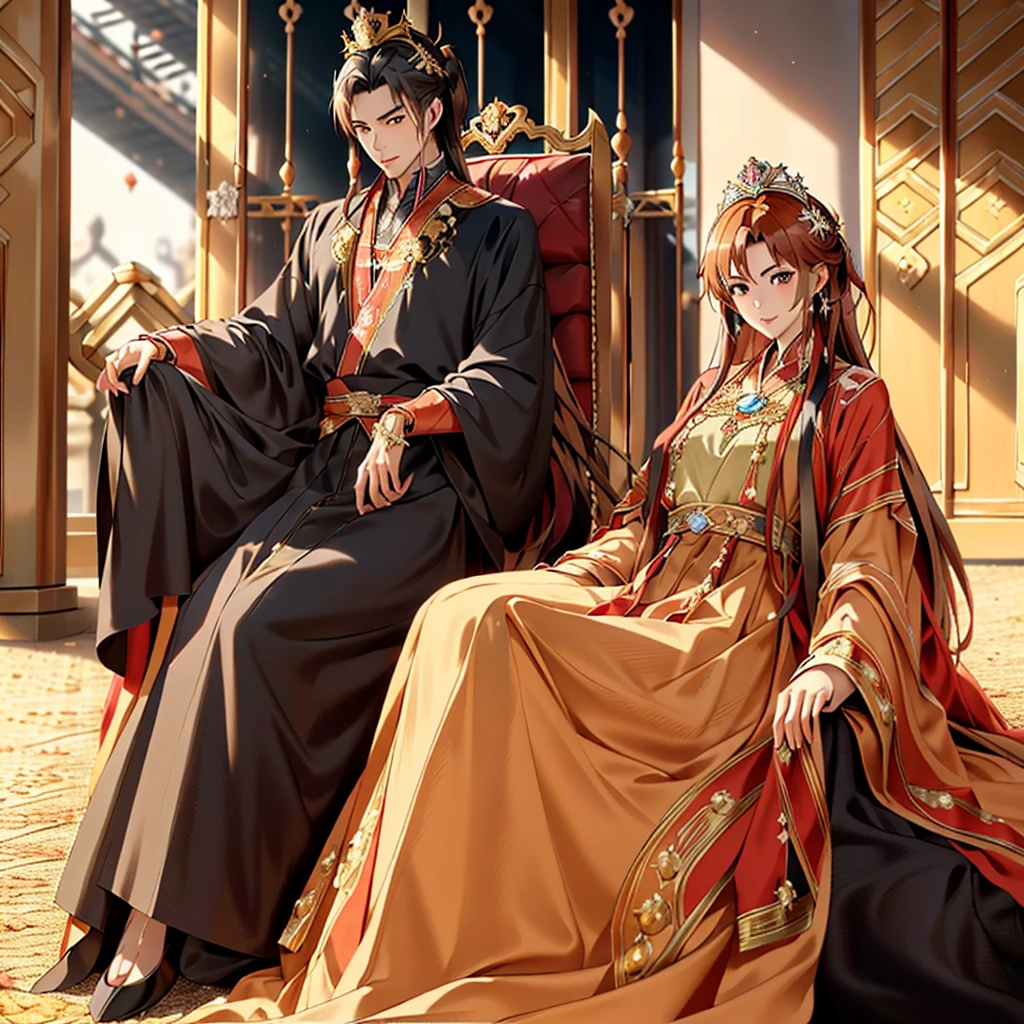 ((highest quality)), ((masterpiece)), (detailed), Perfect Face、Yuuki Asuna、Brown Hair、Hanfu、Gorgeous embroidery、((A man sits on a large, luxurious throne in a palace, and a woman stands next to him))、Gorgeous Phoenix Crown、The woman is wearing a gorgeous court costume.、Woman has a happy face、Gorgeous hair ornament、Earrings、necklace、Bracelet、Luxury accessories、The woman is the empress、The man is the prince