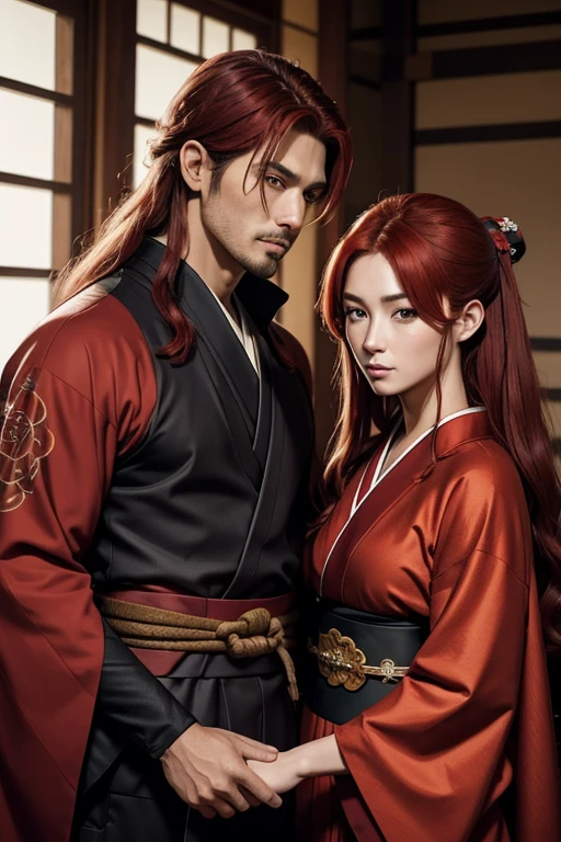 A man with a red or brown periwinkle, con cabello a la altura de los hombros, with a ninja suit and a red-haired woman with a kimono who are cousins and a couple from an ancient clan in Japan, young and handsome