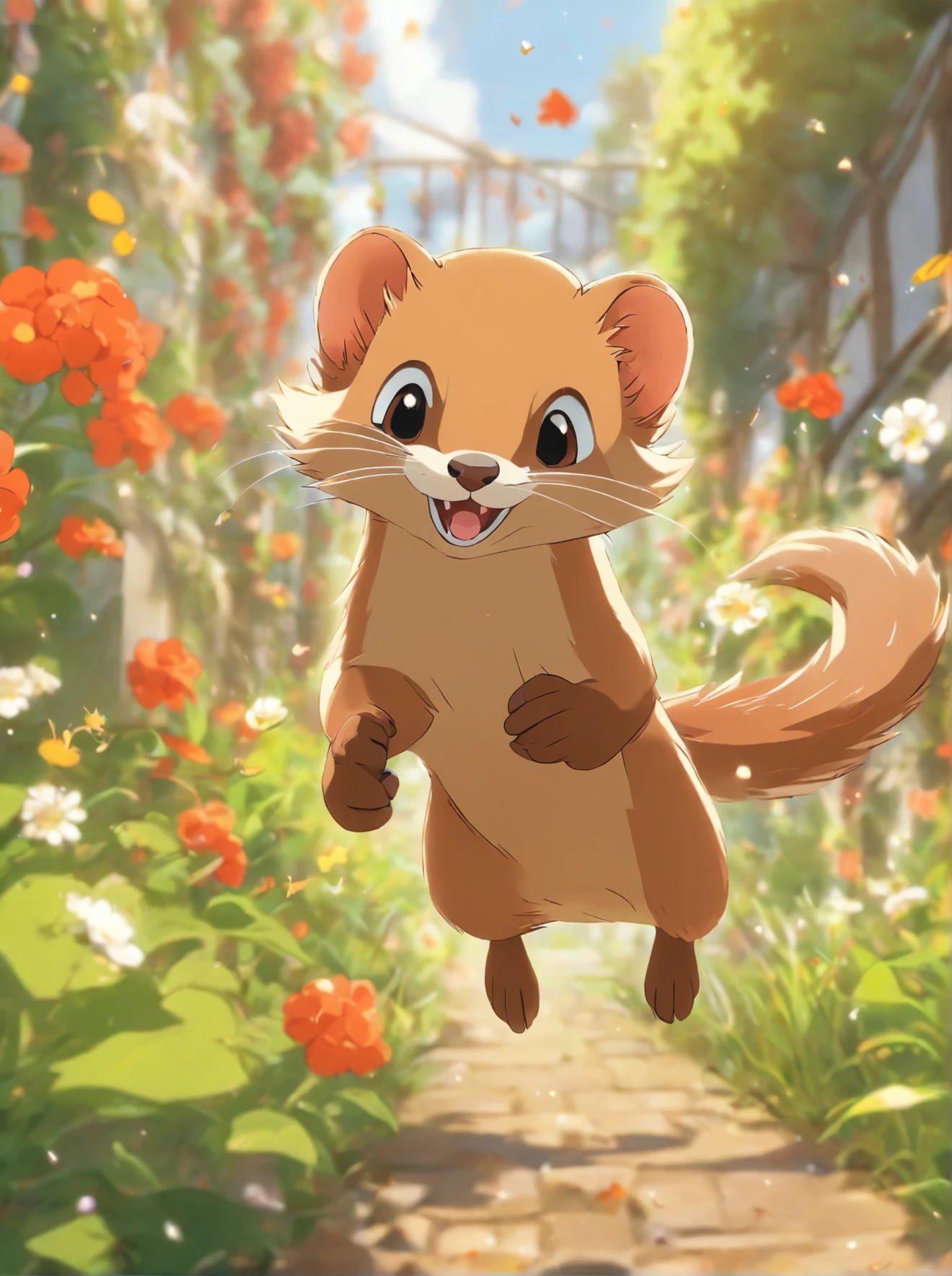 A weasel pouncing in a garden.