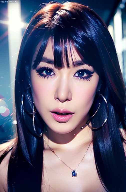 a photo of a russian woman, (tiffany young:1.2), a closeup of woman face, rendered in octane, rendered in unreal engine, realistic photography, ultra-realistic, detailed eyes, photorealistic, realistic, real life, photograph, face is very angry, soft lighting, face closeup, masterpiece, sharp focus, cinematic lighting, rim lighting, glossy skin, shiny skin, (tiffany_young:1.2), soft lighting, ring fill flash, vibrant colors, refraction, prism, rainbow, lensflare, face focus, looking at viewer, mascara, sparkling eyes, pov face closeup, fisheye lens, eyeshadow, black and blue emo hair, blush, nose blush, face is very angry, hoop earrings, choker, romantic, dark night, snsd, kpop idol, singer, russian clothing, very dark night in moscow