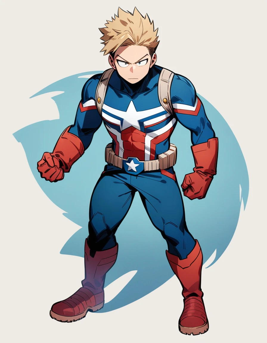 One boy, male focus, brown and blond hair, boku no hero academia, masterpiece, best quality, very aesthetic, captain America suit, full body illustration, front pose.