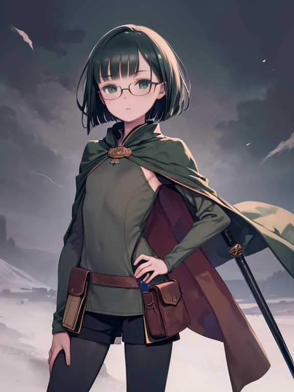 Woman in cape and cloak holding sword in forest、masterpiece, Super detailed, 8K Portrait, RAW Photos, Portrait Photography, Highly detailed face, Beautiful and meticulous eyes, ((Fantasy)), Young and pretty, , , Dynamic pose, (((short dark green bob hair))), Blunt bangs, White skin color, Glasses, luxury, (((Tunic and shorts))), (((Brown cape))), (((little waist hip pouch))), (((Dark thigh-length tights))), High Cut Leather Boots, ((Hold a long magic wand)), Midday Sun, Ultra-realistic, Slender body, Flat Chest, Long legs, About the burden in the Middle Ages, Ambient Lighting, Shadow Details , Camera focus on face, Strong winds, Light fog