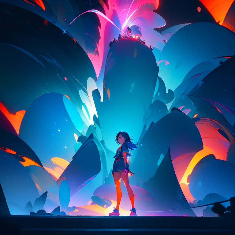 digital art-gem anime art, acid-blue e pink sneakers, fire!! full body, panoramic close-up centered view of girl, inspired by Russell Dongjun Lu, beautiful , espada katana flamejante 🔥 painting of a tall, orange neon, towering,