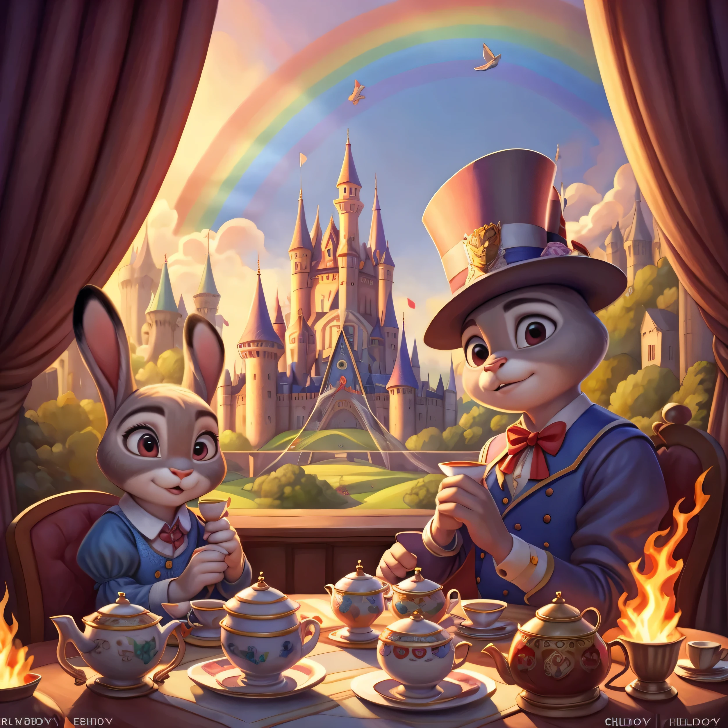 By chelodoy, Judy Hopps, young, alice in the wonderland, teatime, rainbow, castle on the background, everything on fire, Johnny Depp