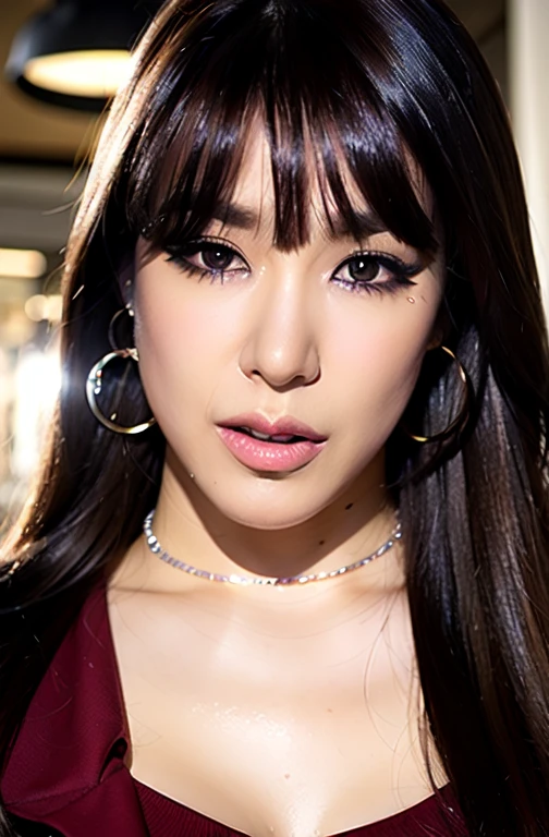 a photo of a german woman, (tiffany young:1.2), a closeup of woman face, rendered in octane, rendered in unreal engine, realistic photography, ultra-realistic, detailed eyes, photorealistic, realistic, real life, photograph, face is very angry, soft lighting, face closeup, masterpiece, sharp focus, cinematic lighting, rim lighting, glossy skin, shiny skin, (tiffany_young:1.2), soft lighting, ring fill flash, vibrant colors, refraction, prism, rainbow, lensflare, face focus, looking at viewer, mascara, sparkling eyes, pov face closeup, fisheye lens, eyeshadow, black and blue emo hair, blush, nose blush, face is very angry, hoop earrings, choker, romantic, dark night, snsd, kpop idol, singer, german clothing, very dark night in berlin