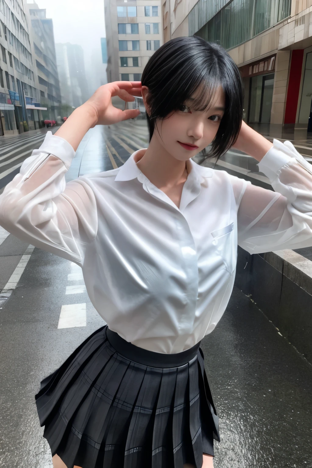 Masterpiece、highest quality、Woman 1、Long-limbed woman、Photo realistic、Super detailed、Gravure idol　Black Hair、short hair、Straight Hair、Hair gets wet　Pleated skirt、【show off bra under white shirt】　Gravure pose　Rainy city、Flooded city、Right in the middle of the city