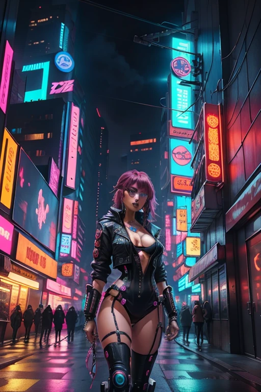 "cyberpunk city with a stylish lady character in futuristic attire and vibrant neon lighting."