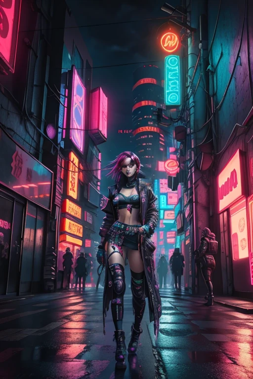 "cyberpunk city with a stylish lady character in futuristic attire and vibrant neon lighting."