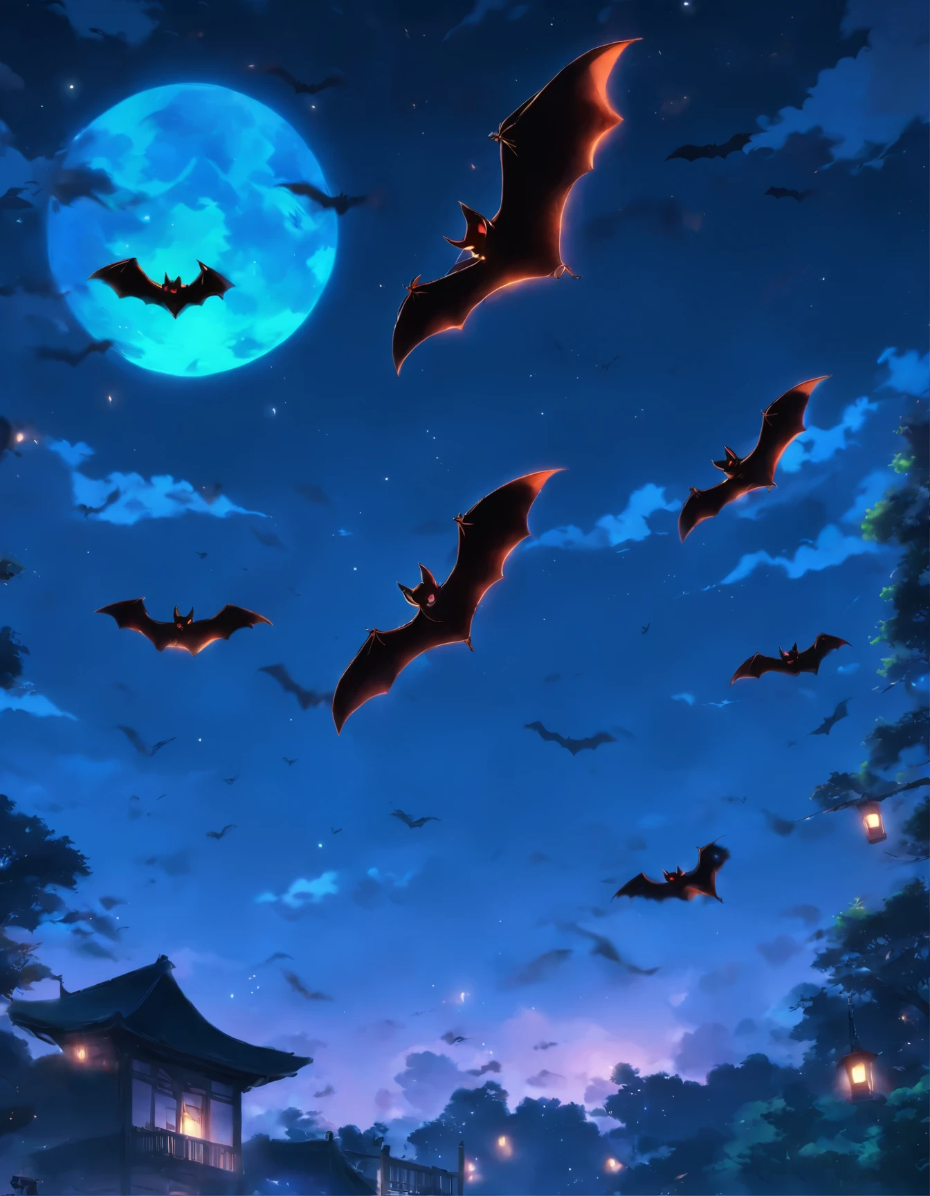 Black bats flying in the moonlight.