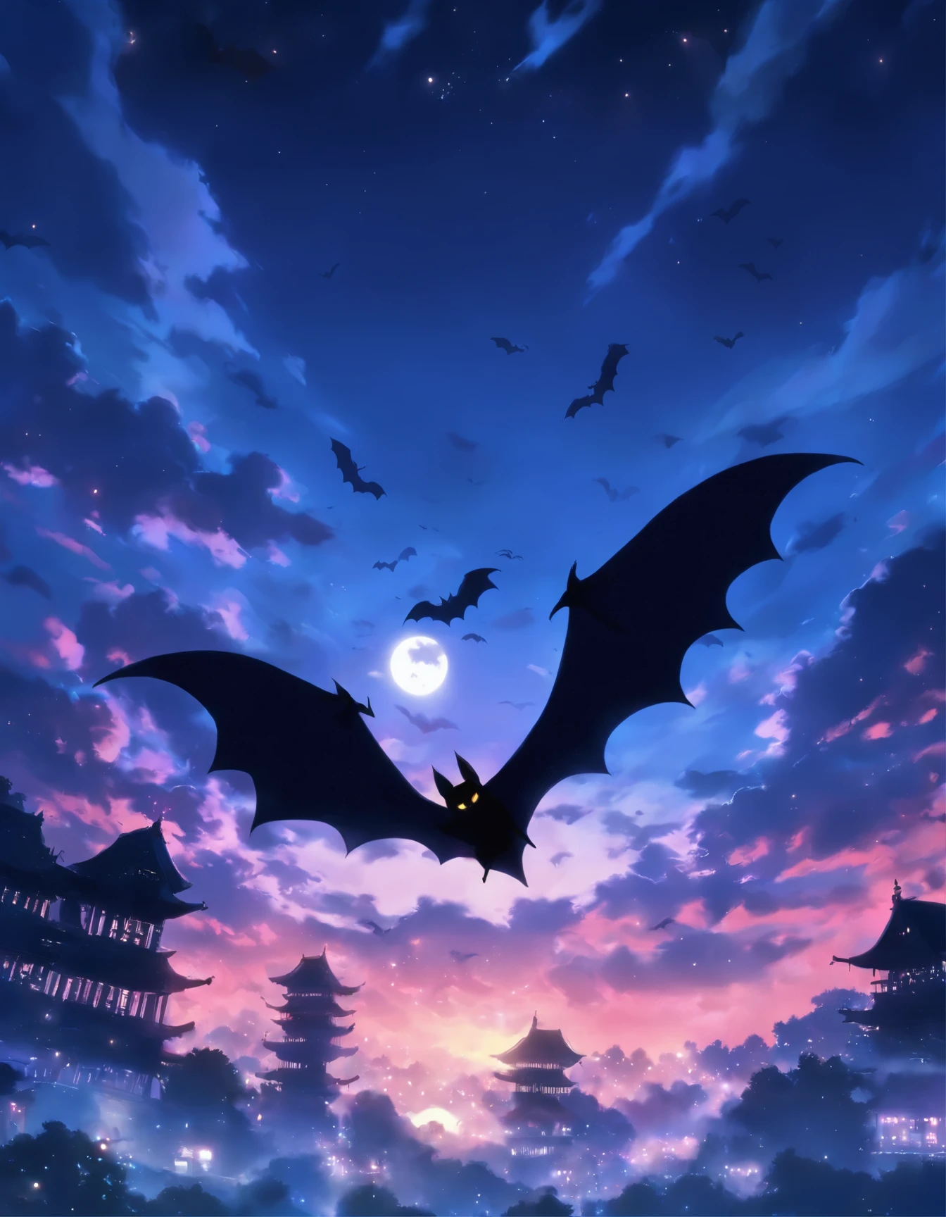 Black bats flying in the moonlight.