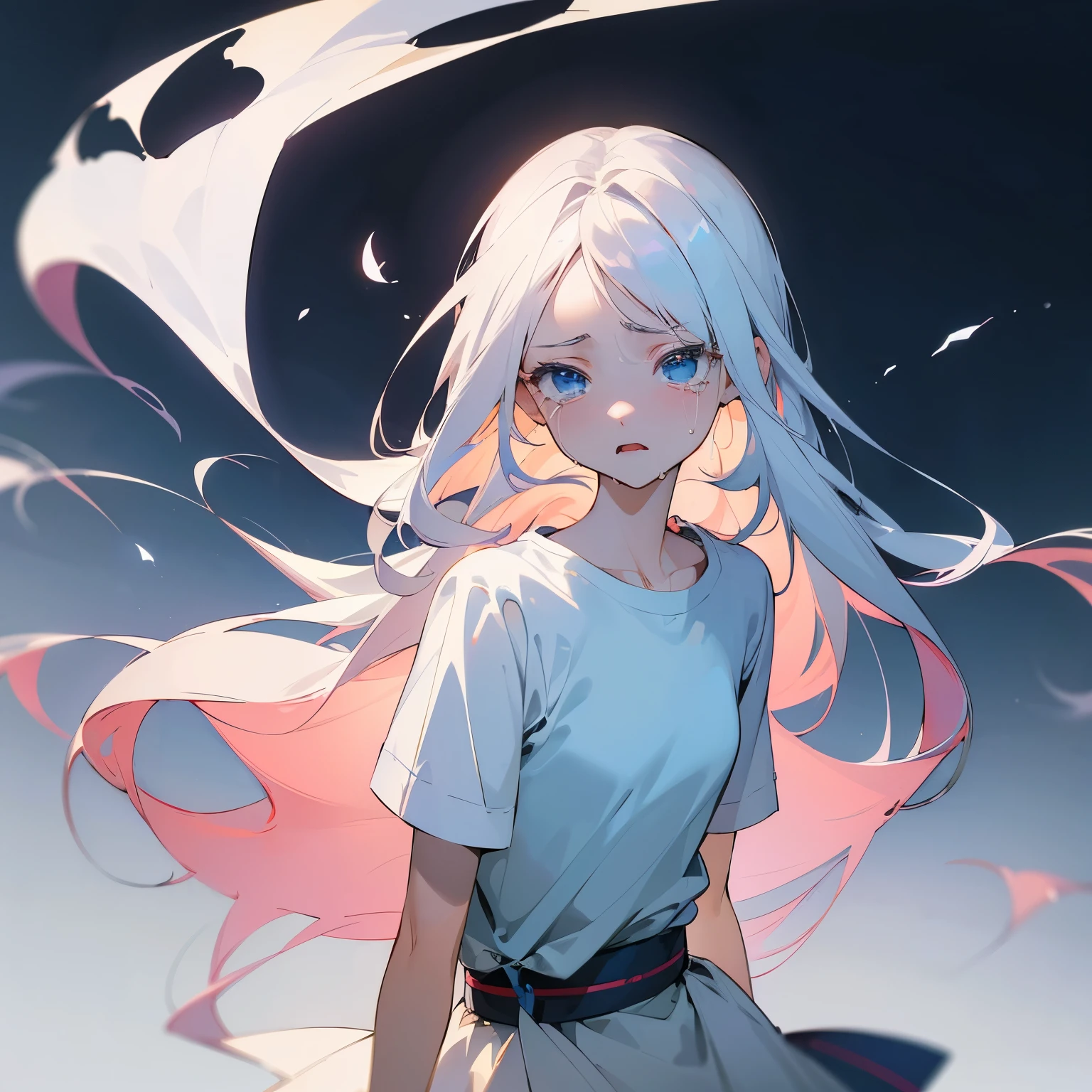 masterpiece, exquisite, beautiful, best quality, woman, semi long, white hair, blue eyes, fair skin, 20-year-old, kawaii, cel anime, from front, white background, no background, looking ahead, flat background, half body photo, headshot, 4K, sad, jitome, t-shirt, wide shot, high quality, crying