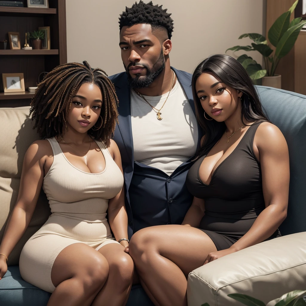 (Best Quality, 2k, Masterpiece, QHD: 1.3, A Handsome short haired african barbarian   man is surrounded by three women up against him touching him and gaze at him, at a mansion, wearing Tracksuits that show off body, perfect bodies, women: long flowing hair, flowers in hair, seductive, materials, golden hour, , jewelry, golden hour, photorealistic, masterpiece, in love, small grin, perfect faces, Flirtatious-groping 