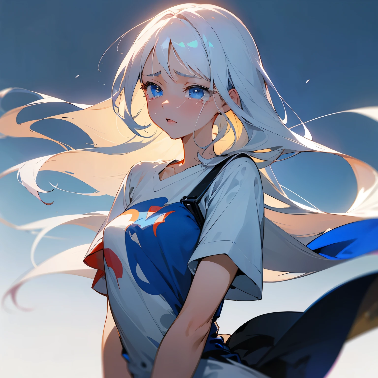 masterpiece, exquisite, beautiful, best quality, woman, semi long, white hair, blue eyes, fair skin, 20-year-old, kawaii, cel anime, from front, white background, no background, looking ahead, flat background, half body photo, headshot, 4K, sad, jitome, t-shirt, wide shot, high quality, crying