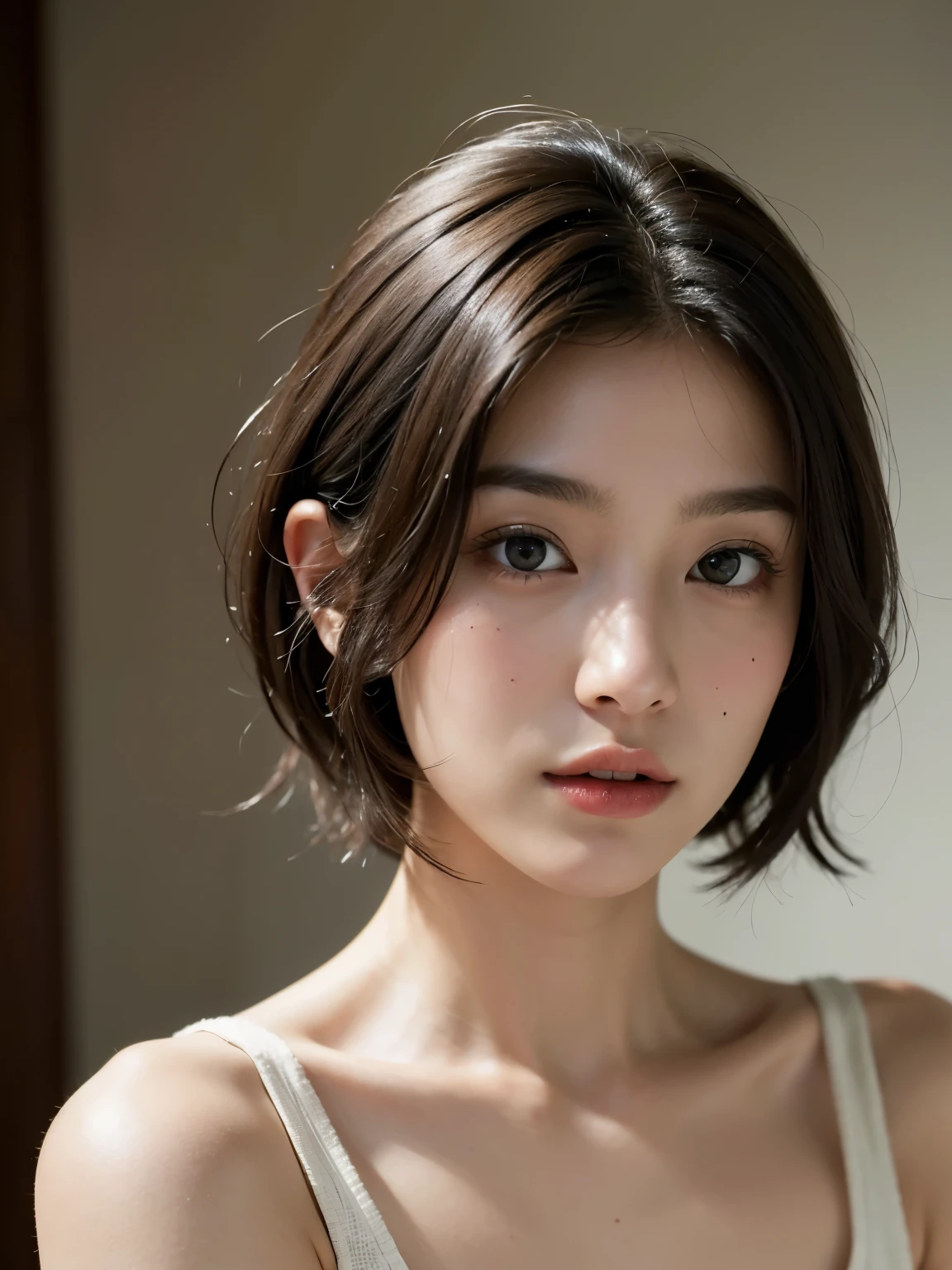 ((highest quality)), ((masterpiece)), (Get used to it), Perfect Face, Realistic skin texture, Full Body Shot、Detailed face、 Fine and beautiful eyes, Random hairstyles for short hair and up hair、、1 Japanese female,Beautiful Face, MEGUMI's face、Sweaty:2.0,Wet Skin:2.0、Wet Hair:2.0,Mouth half open、blush:2.0、Expressions of ecstasy