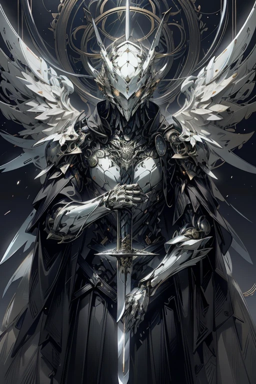 Close-up of a person with a sword and wings, Styling by Raymond Swanland, Magnificent and elaborate character art, Inspired by Raymond Swanland, 2. 5d cgi anime fantasy art, Detailed 2D digital fantasy art, Covered entirely in silver armor, Detailed fantasy art, Wearing light armor, 非常にDetailed fantasy art, epic fantasy character art, Amazing character art