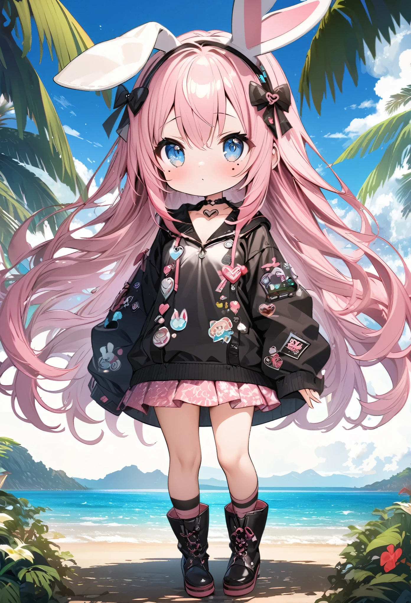 Black jumper with bunny ears、Pink patterned mini skirt、Knee-high boots、Pink long hair girl、Beautiful blue eyes anime girl、Mole under eye、Heart-shaped choker、Seaside、Palm tree、Hawaii、Standing posture、Staring at the audience、Computer Graphics Art、High resolution、highest quality、whole body、8K Character Concept、32k、Pixiv、An illustration、 Super detailed、Super detailedな顔、Megapixels、 Super detailedなHDR、clear、Overdecoration