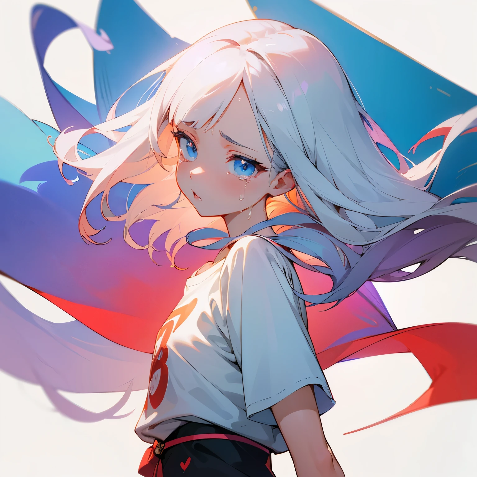 masterpiece, exquisite, beautiful, best quality, woman, semi long, white hair, blue eyes, fair skin, 20-year-old, kawaii, cel anime, from front, white background, no background, looking ahead, flat background, half body photo, headshot, 4K, sad, jitome, t-shirt, wide shot, high quality, crying