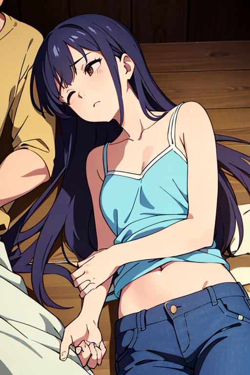 52)((best quality)), ((masterpiece)), (detailed), brown skin anime girl in a deep V-neck cami top, (jeans trousers), the girl famished in hunger, (the girl gently resting hands on stomach), (the girl has long hair), (hands on her stomach), a boy sleeping on the girl's belly, (boy wearing a shirt and trousers), (the boy is resting his head on the girl's tummy), (boy's head on laid on the girl's stomach), (the boy resting his head on the girl's abdomen)