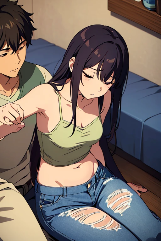 52)((best quality)), ((masterpiece)), (detailed), brown skin anime girl in a deep V-neck cami top, (jeans trousers), the girl famished in hunger, (the girl gently resting hands on stomach), (the girl has long hair), (hands on her stomach), a boy sleeping on the girl's belly, (boy wearing a shirt and trousers), (the boy is resting his head on the girl's tummy), (boy's head on laid on the girl's stomach), (the boy resting his head on the girl's abdomen)