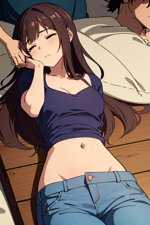 52)((best quality)), ((masterpiece)), (detailed), brown skin anime girl in a deep V-neck cami top, (jeans trousers), the girl famished in hunger, (the girl gently resting hands on stomach), (the girl has long hair), (hands on her stomach), a boy sleeping on the girl's belly, (boy wearing a shirt and trousers), (the boy is resting his head on the girl's tummy), (boy's head on laid on the girl's stomach), (the boy resting his head on the girl's abdomen)