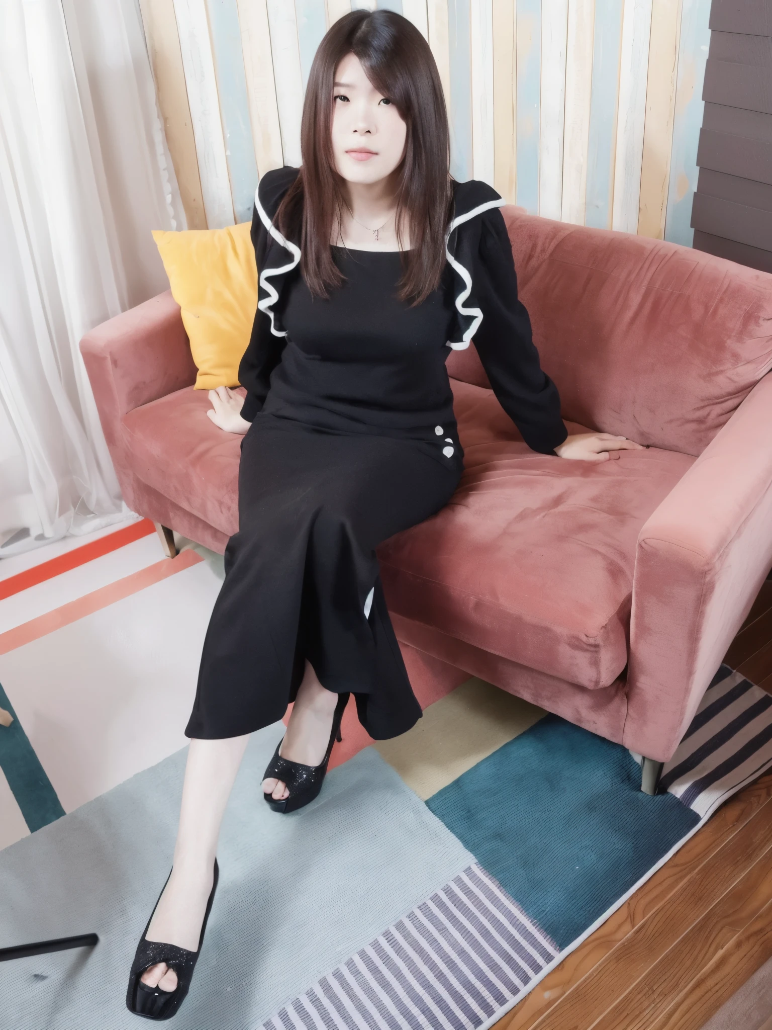 araffe woman sitting on a couch in a room with a pink couch, taken with canon 8 0 d, taken with canon eos 5 d mark iv, taken with canon eos 5 d, reluvy5213, captured on canon eos r 6, jia, taken with a canon eos 5d, taken with a canon eos 5 d, bottom angle
