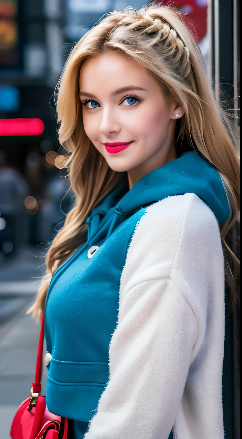 (best quality, ultra-high resolution, real, photorealistic:1.4 , 8K), BREAK, a New York princess, solo, (full body:1.3), smile, BREAK, detailed hair, long blonde hair, hyper-detailed face, hyper-detailed skin, white skin, blue eyes, blushing cheeks, detailed red lips, big breasts, drunk, BREAK, (detailed clothings, urban duffle coat:1.2, long sleeves), BREAK, (skyscraper:1.5, midnight:1.1, top of the building:1.1, thunderstorm:1.1)
