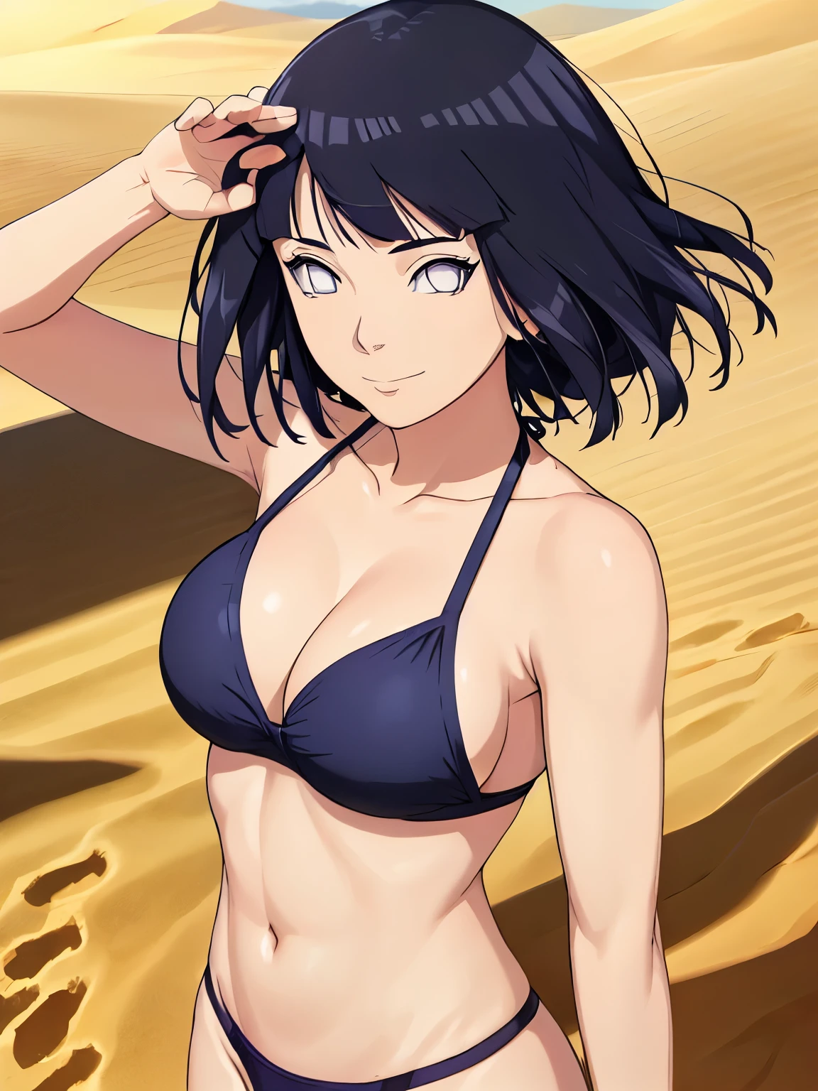 (hinata\(boruto\), (high quality, anime, tall woman, perfect hand anatomy, red bikini, off-shoulders, little biceps, long belly, super detailed body ultra detailed face, groin lines, smile), ((armpit line, triceps)), ((black thong)), ((looking at the camera)), (springy medium-big breasts, cleavage), , groin lines, closed mouth), (posing for the viewer), pale skin, ((floating hair, dark blue, short hair, hime cut، loose hair), (location: desert, windy afternoon),
