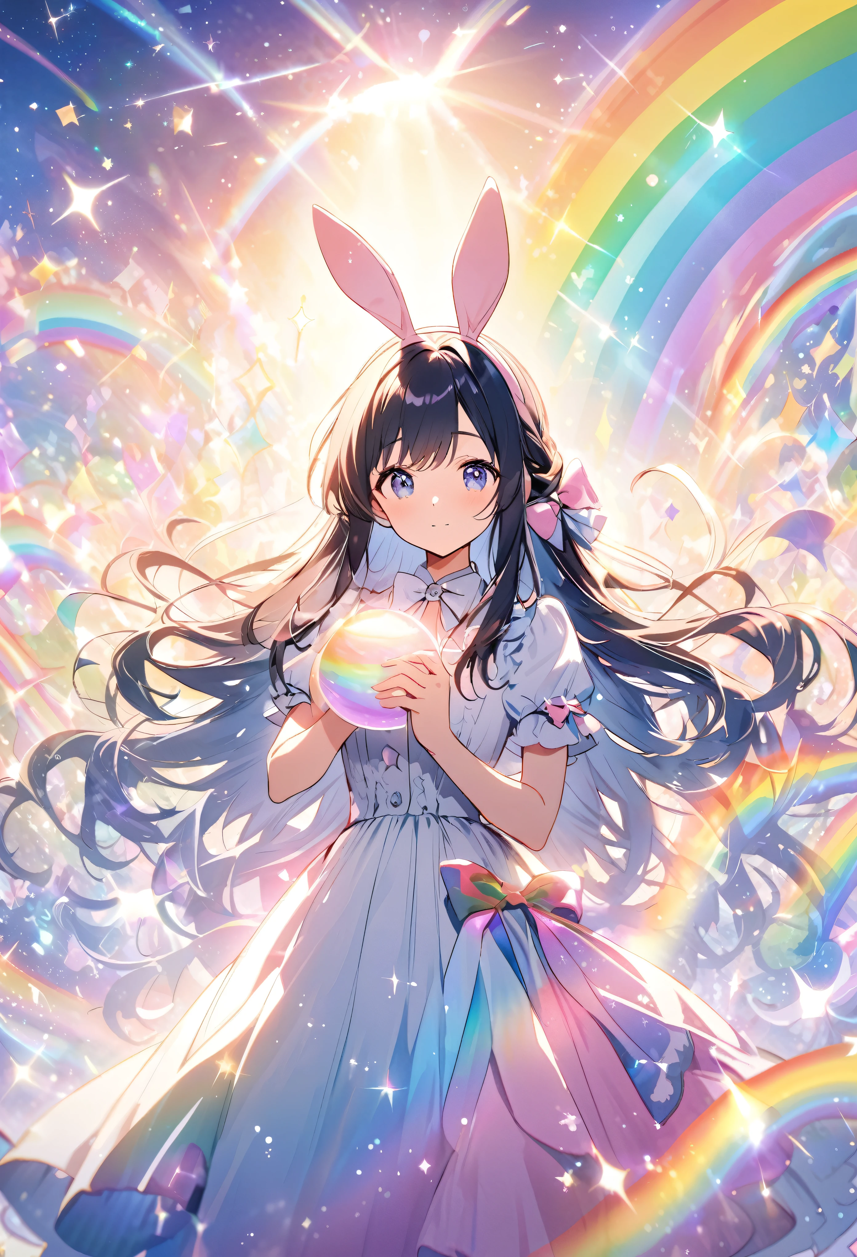 “A character with bunny ears and long hair tied with bows, surrounded by a magical rainbow and sparkles, set against a bright and glowing fantastical backdrop.”