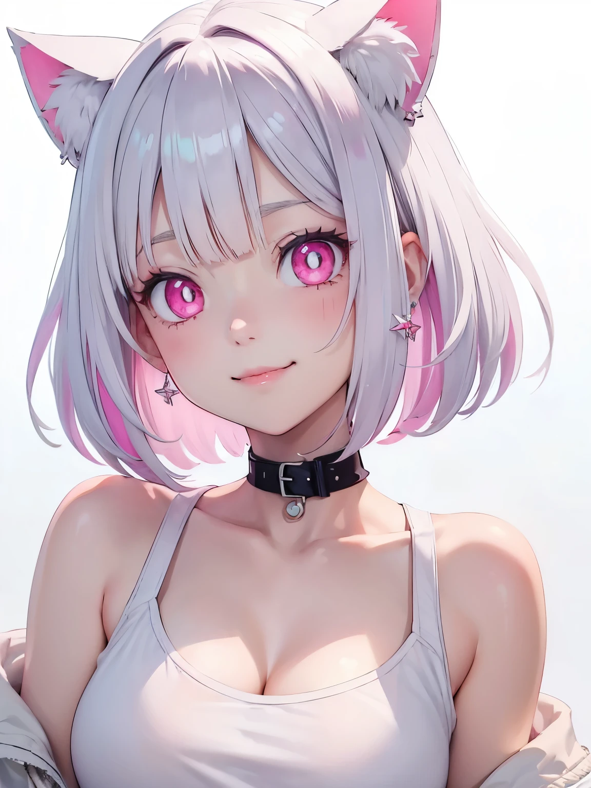 White hair. Short hair. Inner pink hair. Anime girl. Pink eyes. Glowing eyes. Nekomimi. Smile. Tanktop.