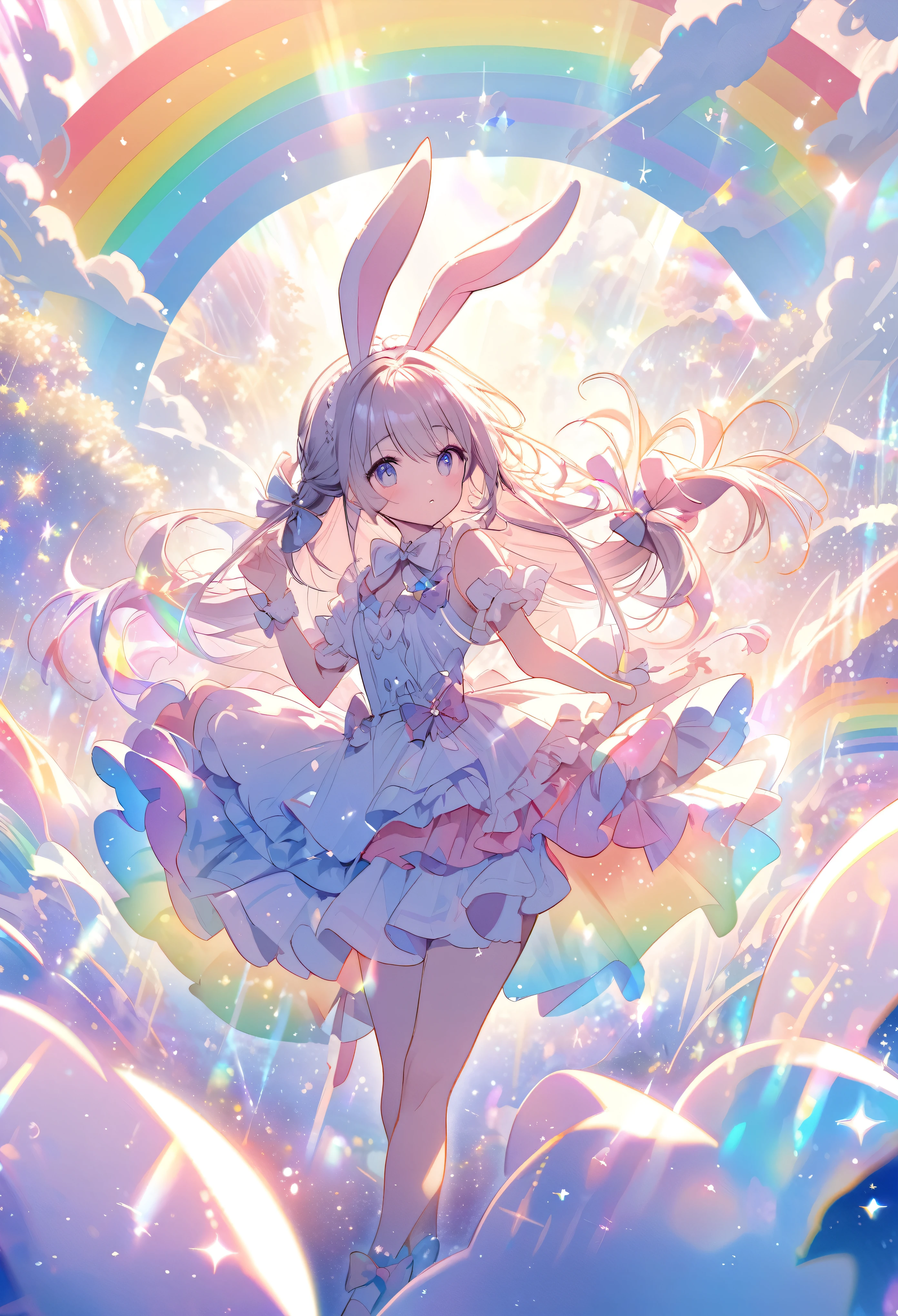 “A character with bunny ears and long hair tied with bows, surrounded by a magical rainbow and sparkles, set against a bright and glowing fantastical backdrop.”