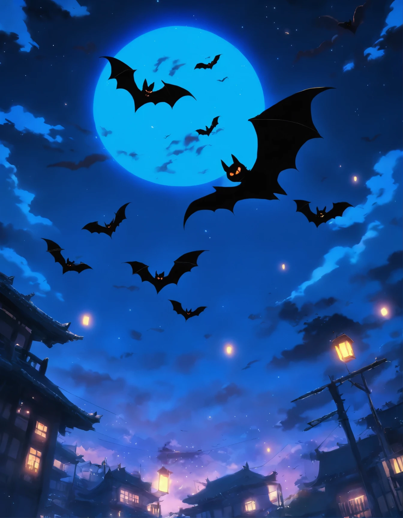 Black bats flying in the moonlight.